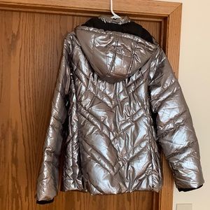 Silver shiny ski jacket!  With felt cuffs and warm nylon lining!  Never worn